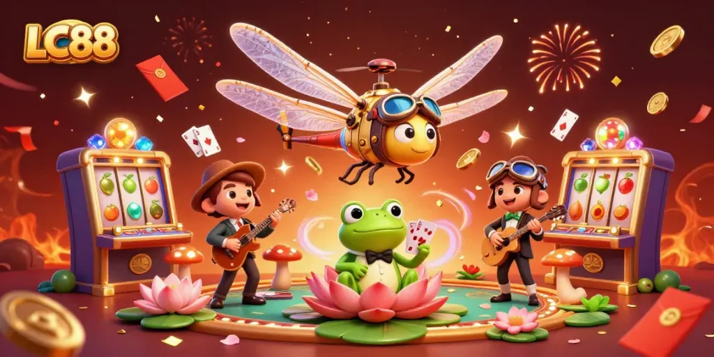 Experience the excitement of LC88 at a vibrant lily pad casino featuring a dragonfly pilot and frog croupier.
