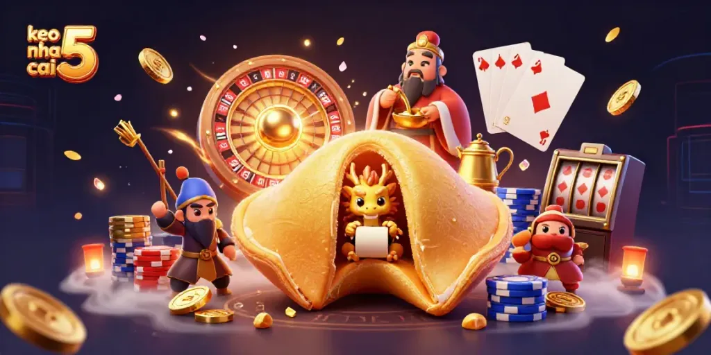 Engage with keo nha cai 5's dynamic casino scene featuring gold fortunes and mystical elements.