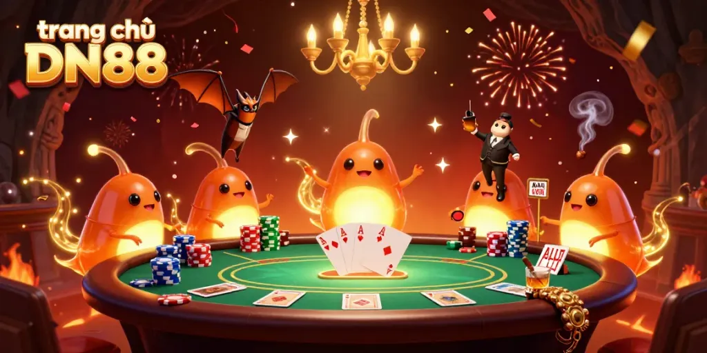 Experience vibrant gameplay at trang chủ DN88 with a 3D casino scene featuring glowworms and poker action.