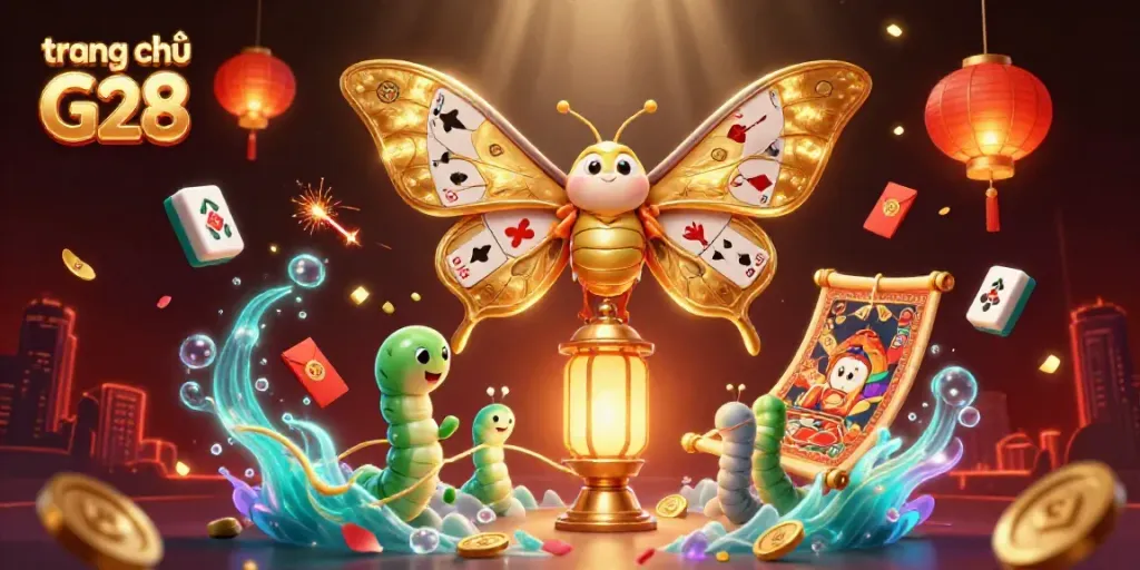Engage with the vibrant world of trang chủ G28 featuring a stunning 3D casino scene with majestic moths and gold elements.