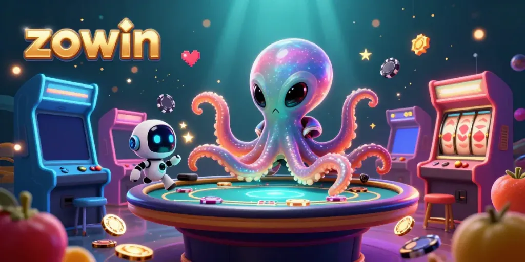 Experience thrilling gambling with the zowin octopus at a floating holographic poker table surrounded by vibrant game elements.