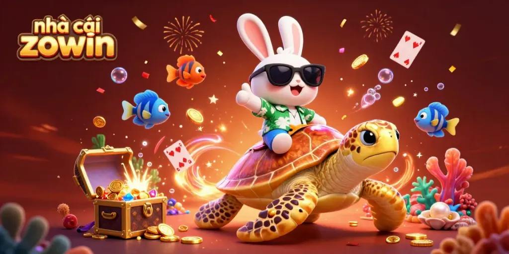Spin the reels at nhà cái zowin with an energetic rabbit and golden turtle under a festival of colors.