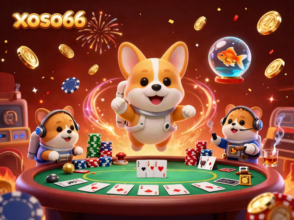 Experience the excitement of xoso66 with a floating corgi astronaut in a vibrant casino scene.