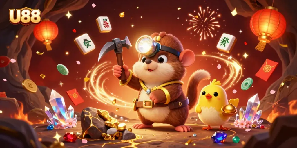 Experience thrilling gameplay at U88 with a treasure hunter mole in a vibrant casino world.