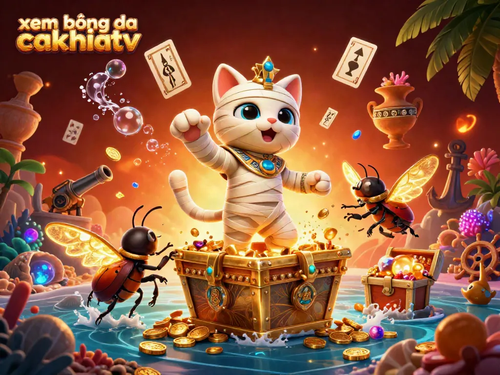 Experience xem bóng đá cakhiatv with a vibrant 3D illustration of a mummy cat in a casino.