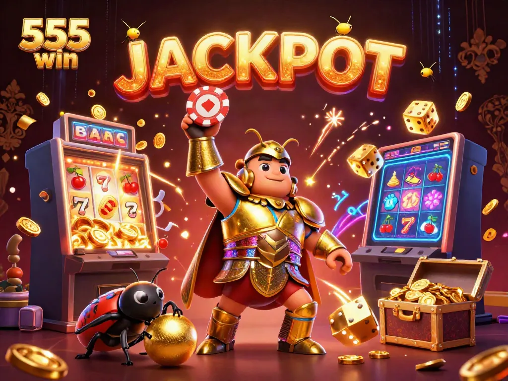 Experience the thrill of 555 win with this vibrant jackpot celebration featuring a heroic beetle and dynamic casino elements.