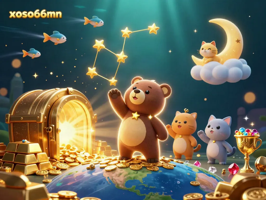 Engage in thrilling casino adventures with xoso66mn, featuring lucky stars and treasure in a vibrant 3D scene.