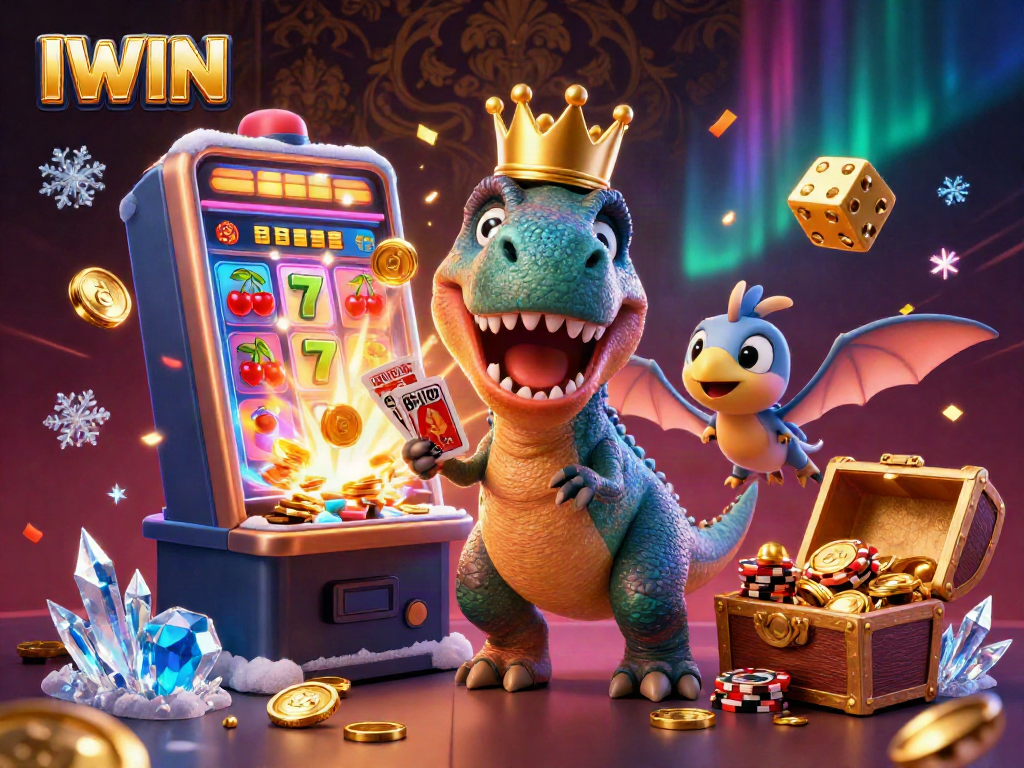IWIN slot machine scene featuring a cartoon T-Rex and pterodactyl amidst a jackpot explosion.