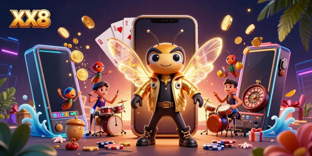 Experience the excitement of XX8 with a vibrant 3D casino scene featuring a rock star cicada and dynamic gaming elements.