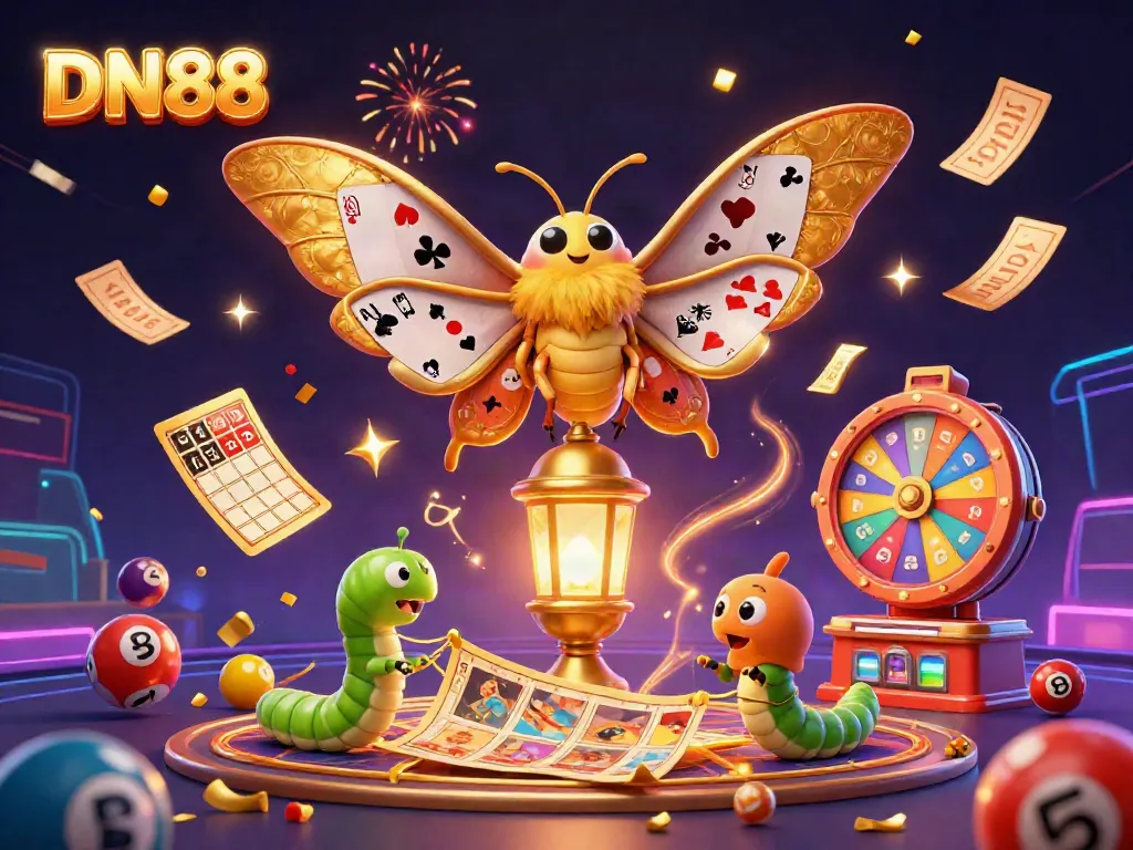 Experience the vibrant world of DN88 with a colorful casino scene featuring a majestic moth and cheerful gambling elements.
