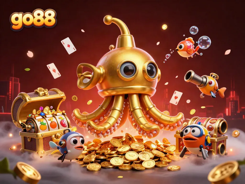 Join the excitement of go88 with a 3D cartoon illustration of a kraken submarine amidst a gold coin sea, highlighting vibrant gambling elements.
