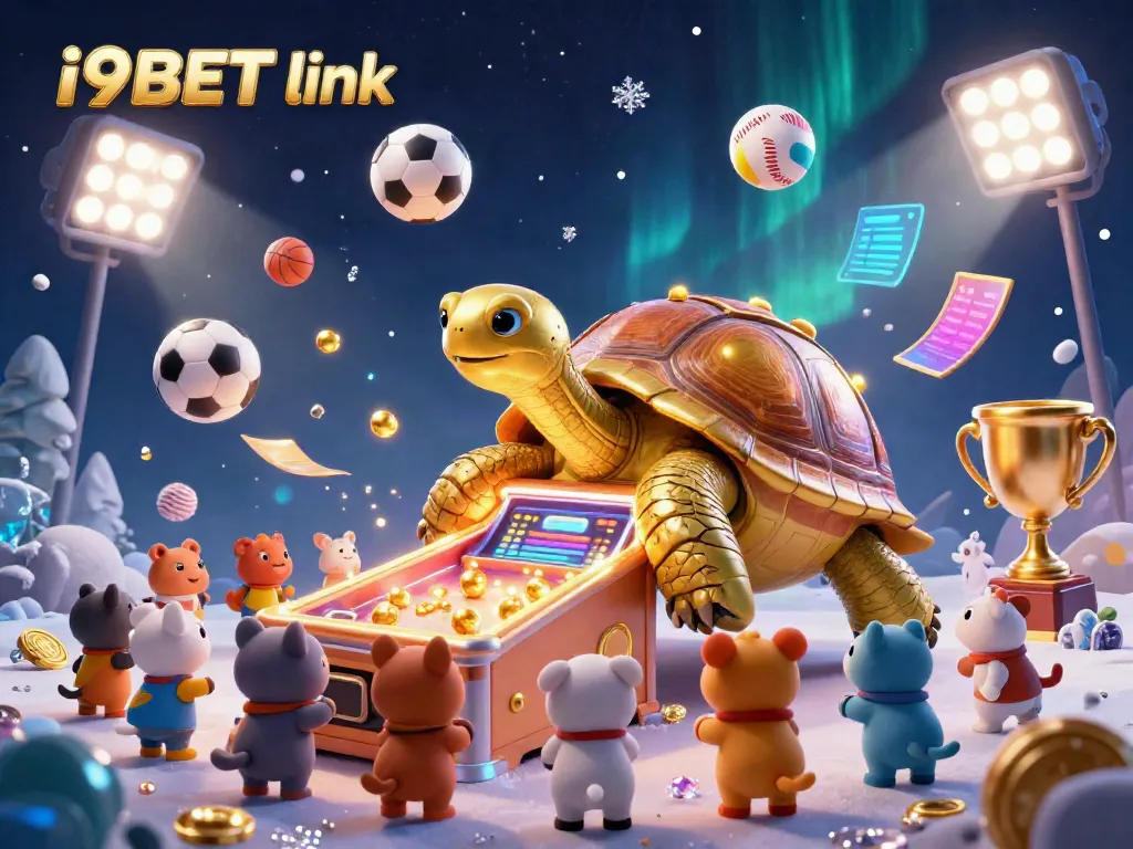 Experience the excitement of the i9BET link with a golden tortoise pinball machine surrounded by diverse sports elements and playful animals.