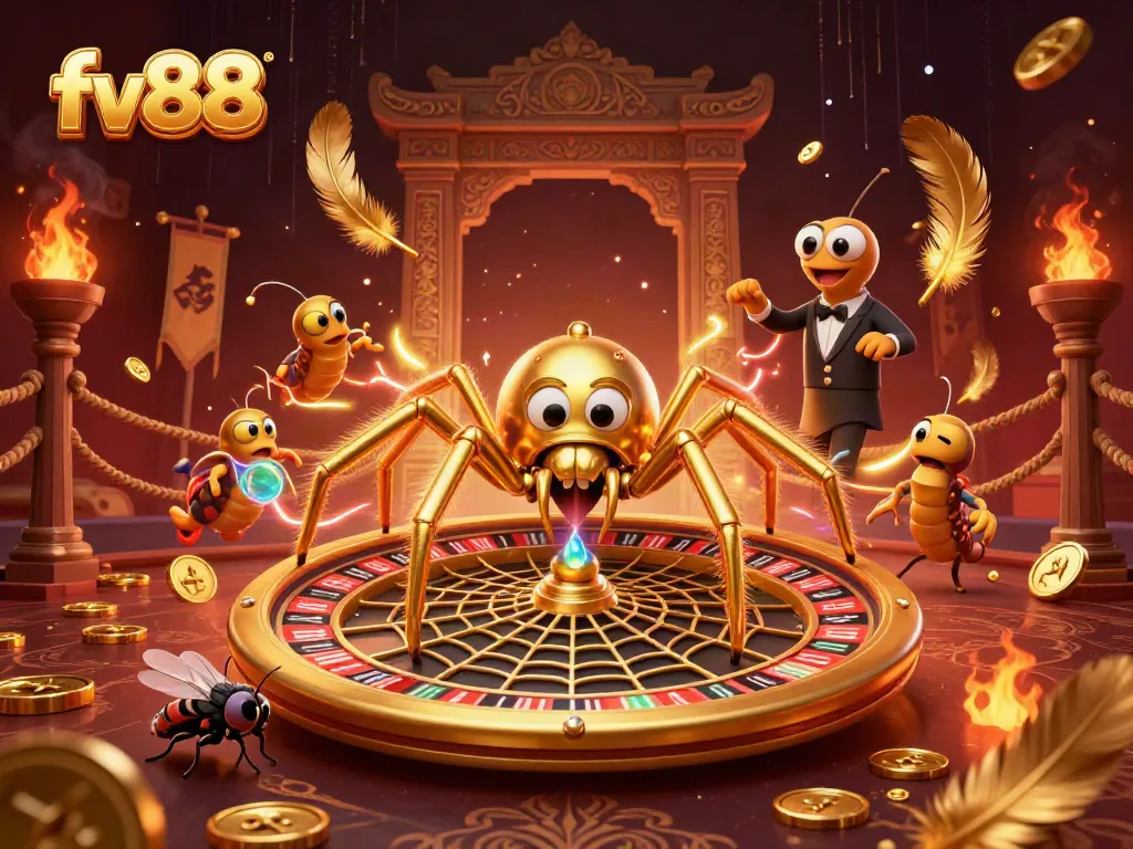 Experience the excitement of fv88 with a whimsical casino scene featuring a golden spider, a fly placing bets, and a centipede croupier.