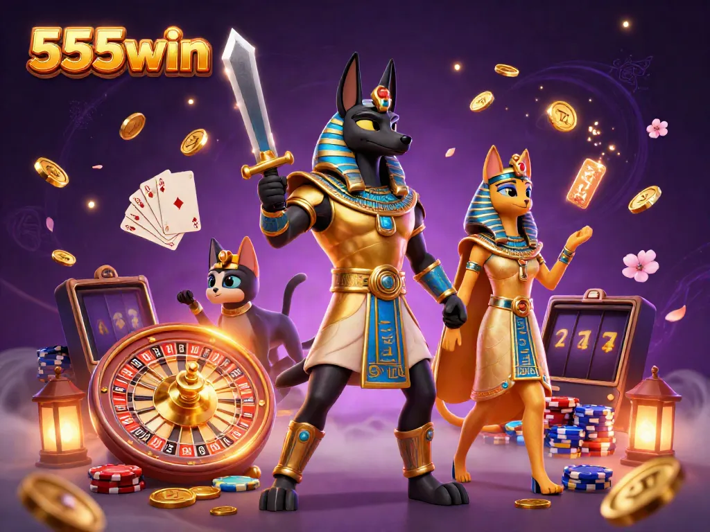 Experience gaming excitement with 555win's vibrant ancient Egyptian casino fantasy illustration.