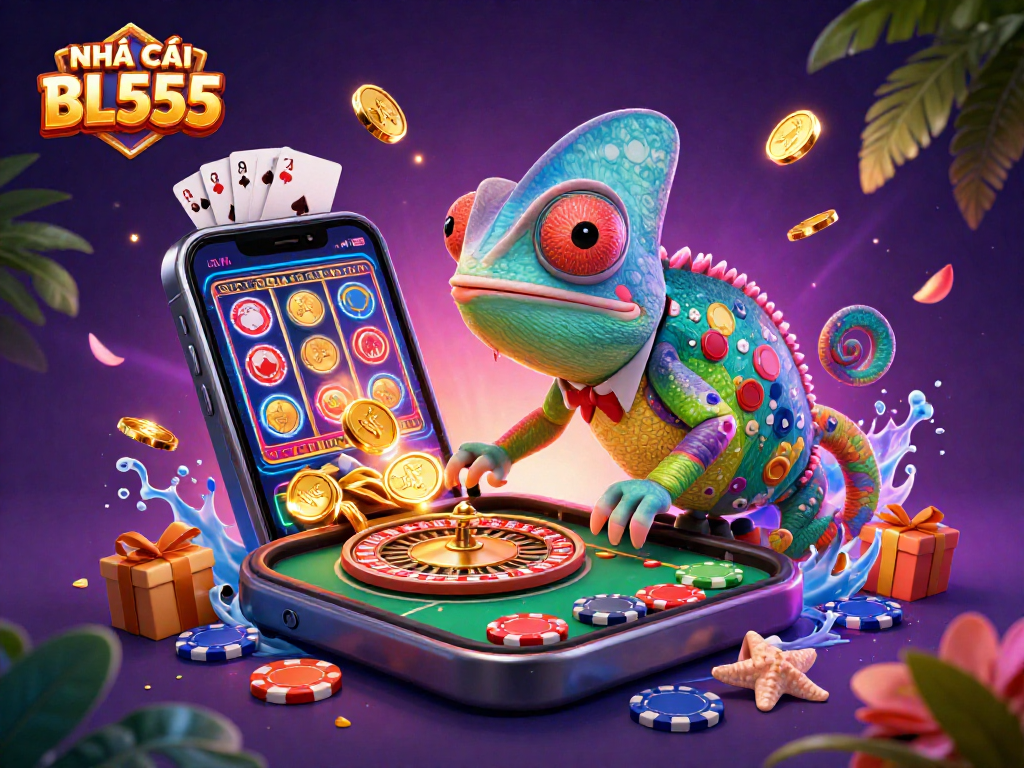 Join the excitement at NHÀ CÁI BL555 with a chameleon casino owner and vibrant gaming elements.