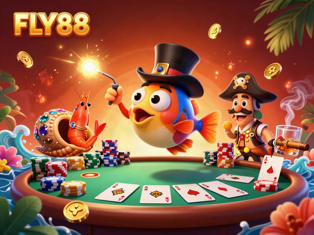 FLY88 anglerfish attracting treasures in a vibrant casino scene filled with poker elements.