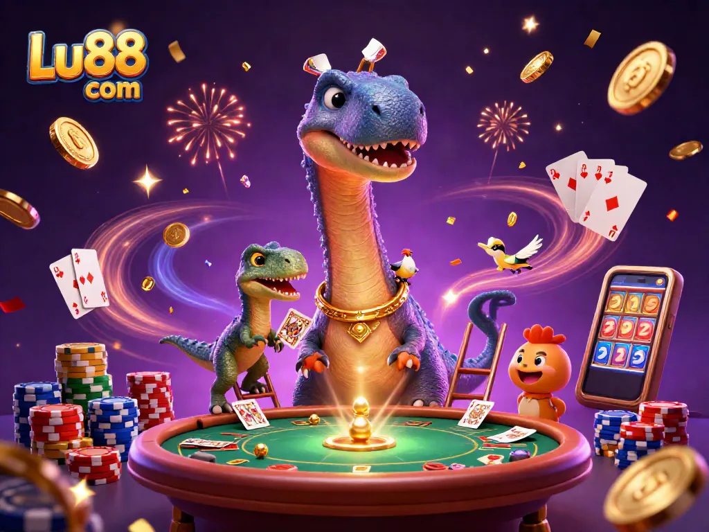 Betting fun at Lu88 com featuring a giant brontosaurus and raptor dealer in an exciting casino scene