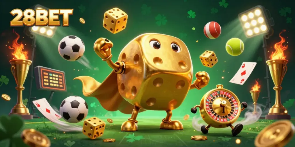 28BET's dynamic betting environment with golden dice golem and lively sports elements.