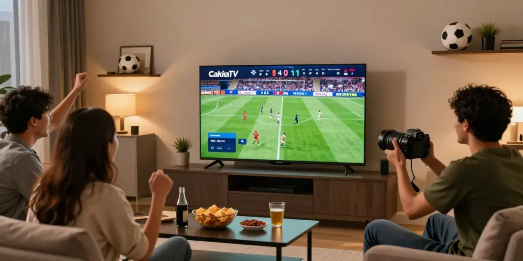 CakhiaTV football match viewing party in a vibrant living room.