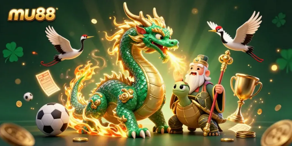 Experience the excitement of mu88 with a jade dragon, turtle sage, and lucky cranes in a dynamic casino scene.