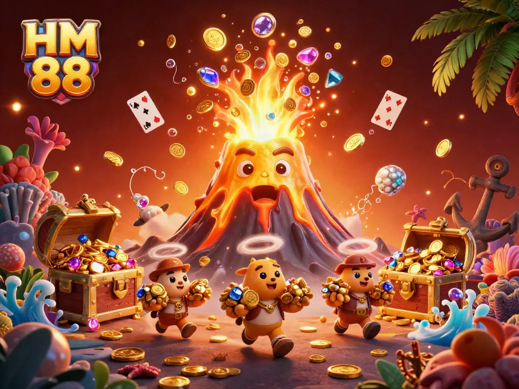 Engage with HM 88's thrilling treasure hunt, featuring a golden volcano erupting treasures!