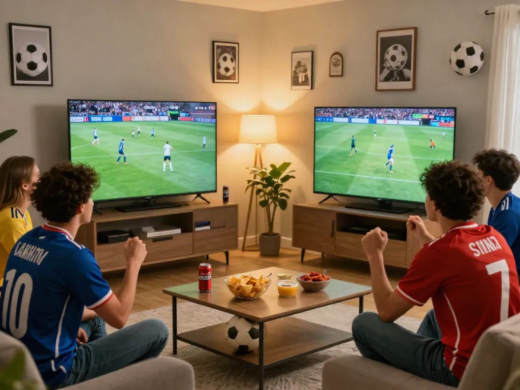 CakhiaTV viewers enjoying football with friends in a cozy living room.