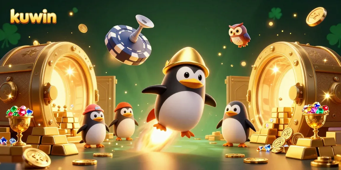 Kuwin brings the thrill of gaming alive as a golden penguin and friends soar towards a casino dreamscape.