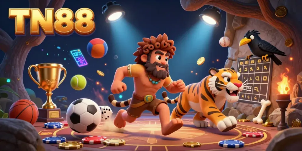 Catch the excitement at TN88, a vibrant casino scene with dynamic sports elements and engaging characters.