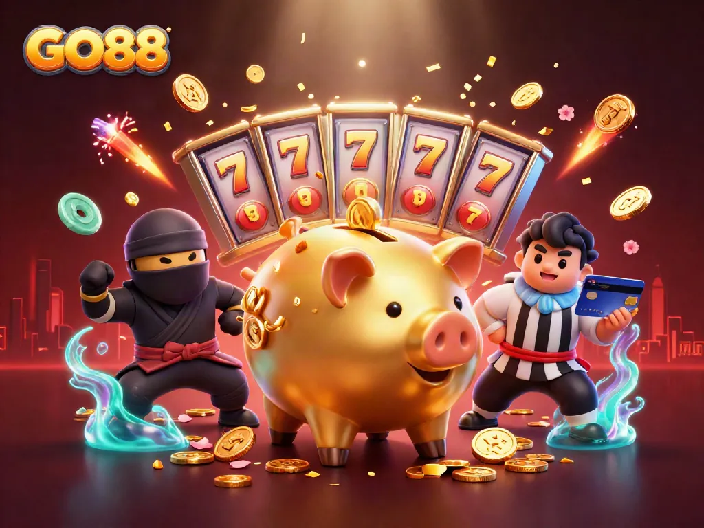 GO88 illustrates exciting gaming dynamics with a lively scene of casino characters and elements.