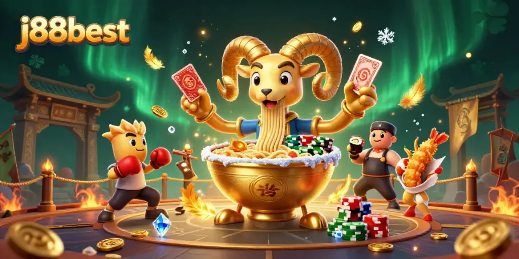 Engage with j88best's dynamic gaming scene featuring a vibrant ramen bowl dealer and sushi roll characters.