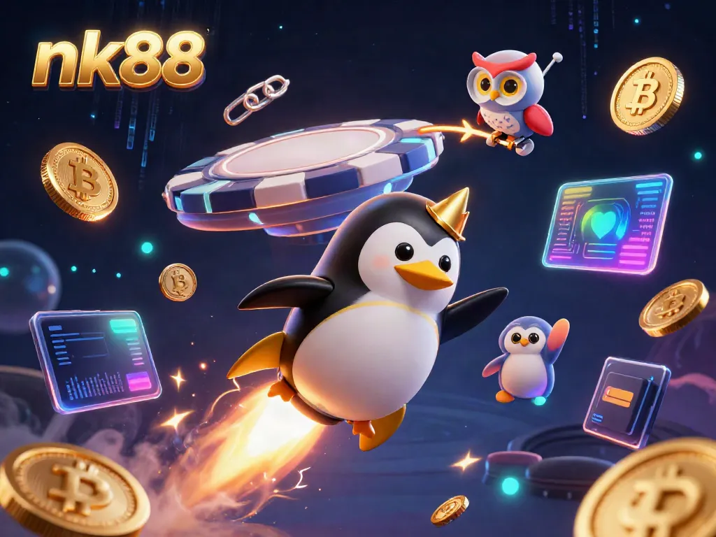 Experience exhilarating wins at nk88 with an explosive 3D illustration of golden coins and a rocket-powered penguin!