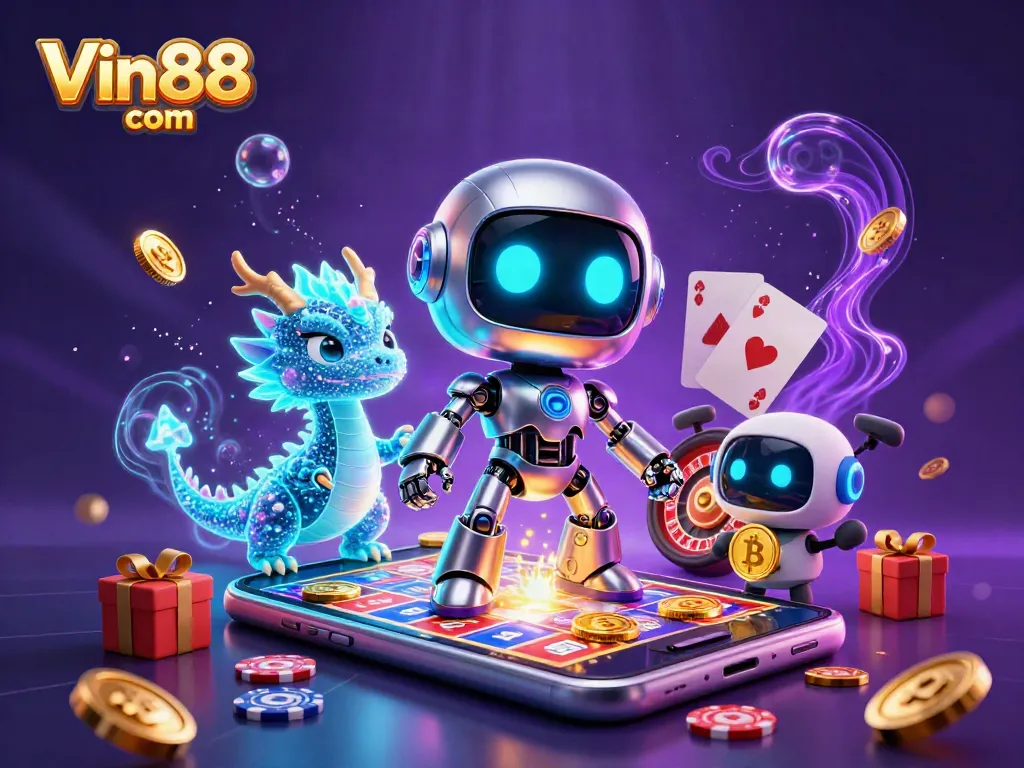 Experience thrilling games at Vin88 com with a vibrant 3D illustration showcasing casino excitement.