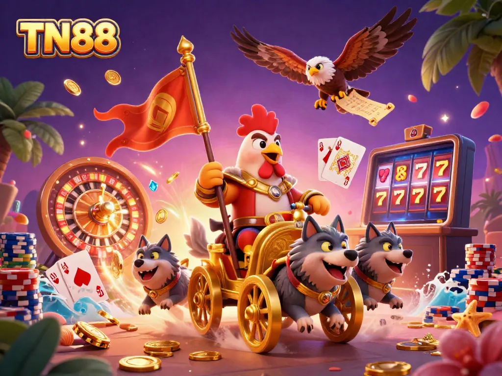 Engage with TN88's exciting casino adventure featuring a warrior rooster and treasures.