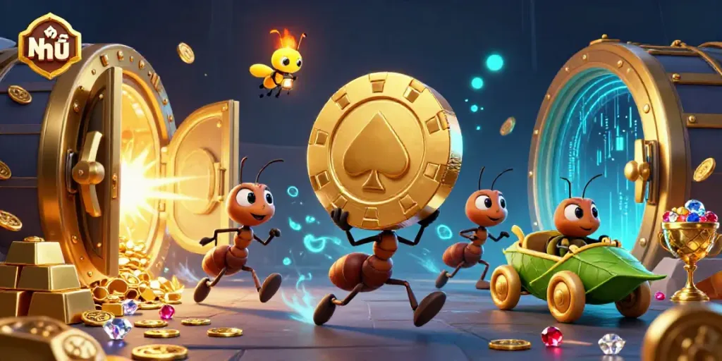 Ants executing a heist with a golden chip while celebrating Nổ hũ, surrounded by treasures.