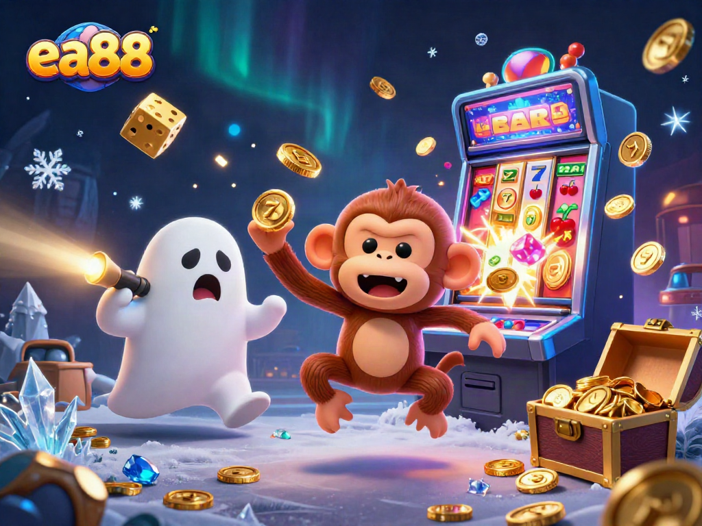 ea88 showcases a lively haunted casino scene with ghostly characters juggling casino elements.