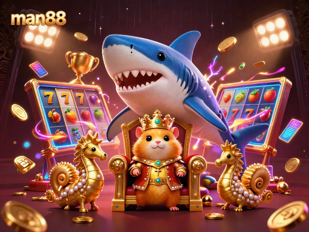 Experience the excitement of man88 with a golden hamster king and dynamic slot elements in an energetic casino scene.