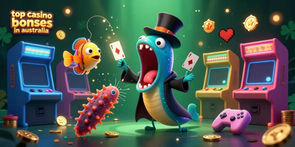 Experience the top casino bonuses in Australia with vibrant characters in a magical gaming scene.