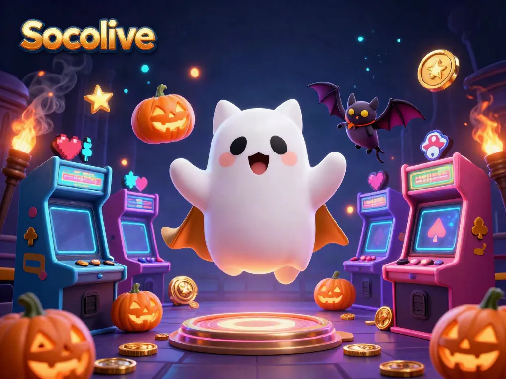 Socolive unveils a vibrant haunted casino scene featuring a ghost cat, vampire bat, and glowing jack-o-lanterns amidst arcade elements.