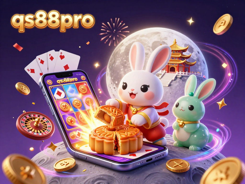 Experience the excitement of qs88pro with a vibrant illustration featuring lucky moon rabbits and casino games.