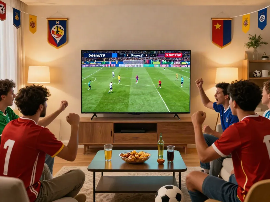 Friends enjoying live soccer on GavangTV, vibrant atmosphere with snacks and cheers.