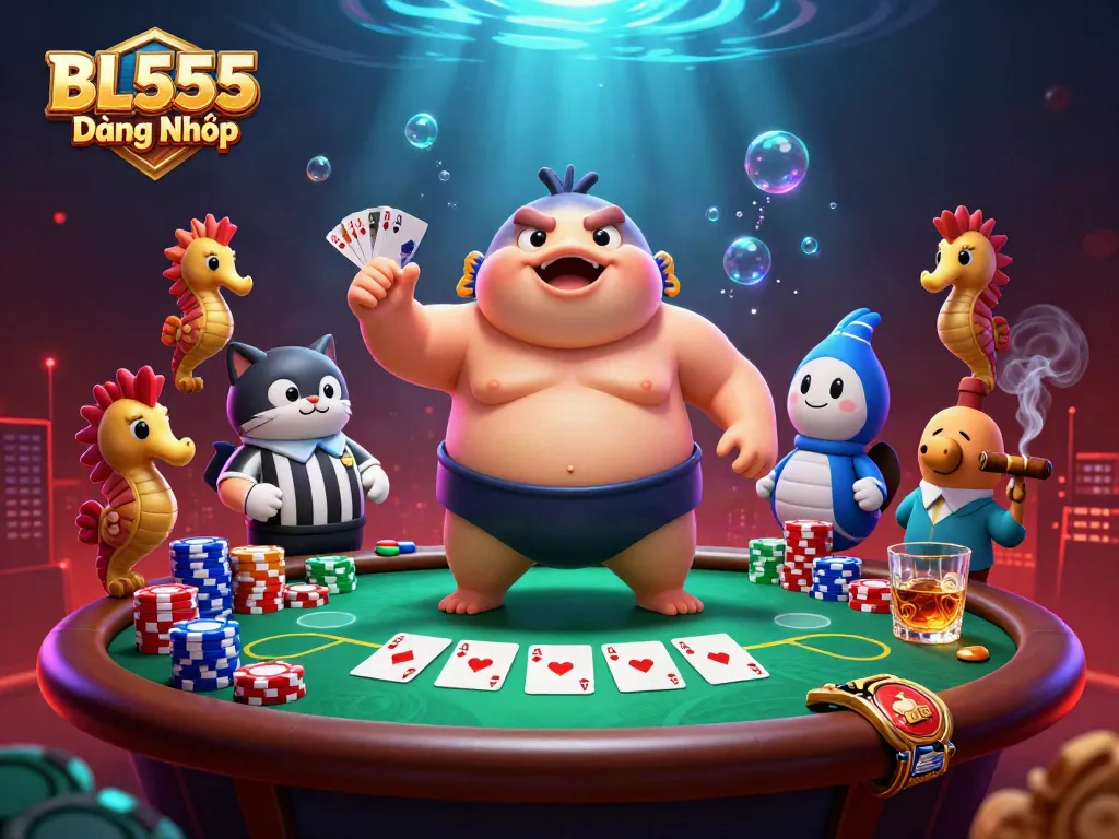 Experience BL555 Đăng Nhập with a dynamic underwater casino scene featuring vibrant characters and poker elements.