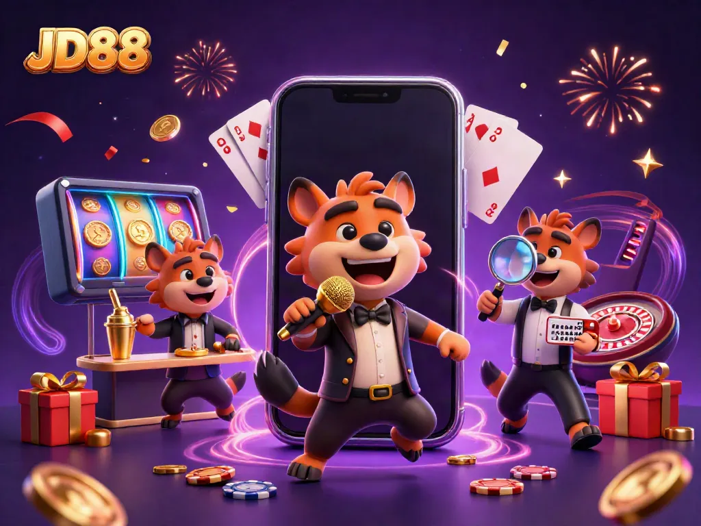 Experience an exciting atmosphere at JD88 casino with lively hyena characters engaging in entertainment and gaming.