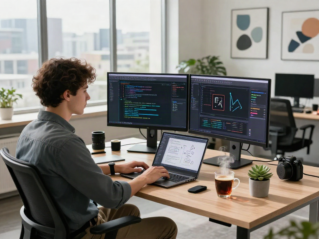 AI software development workspace with coder focused on algorithms in 2026.