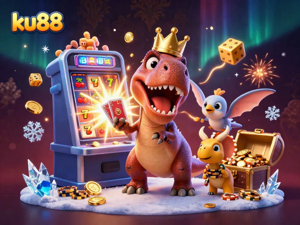 Engage with ku88's action-packed casino excitement featuring a friendly T-Rex and friends.