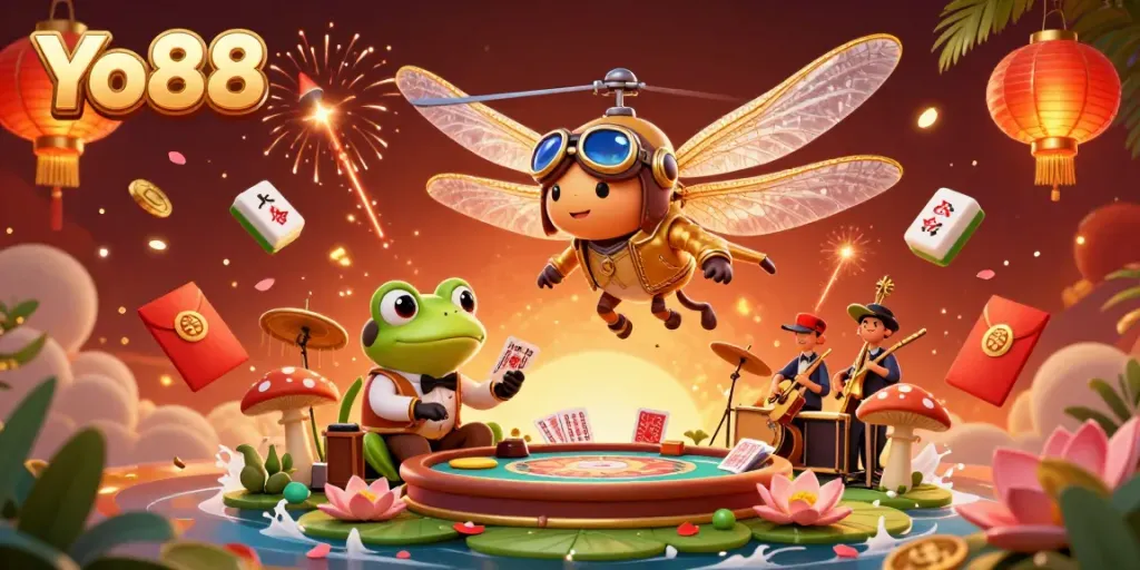 Experience the thrill of Yo88 with vibrant characters, casino elements, and fireworks in this dynamic scene.