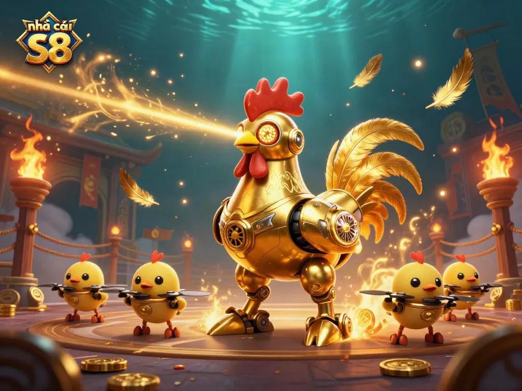 Engage in thrilling bets at nhà cái s8 with a dynamic 3D illustration of a futuristic rooster and chick drones.