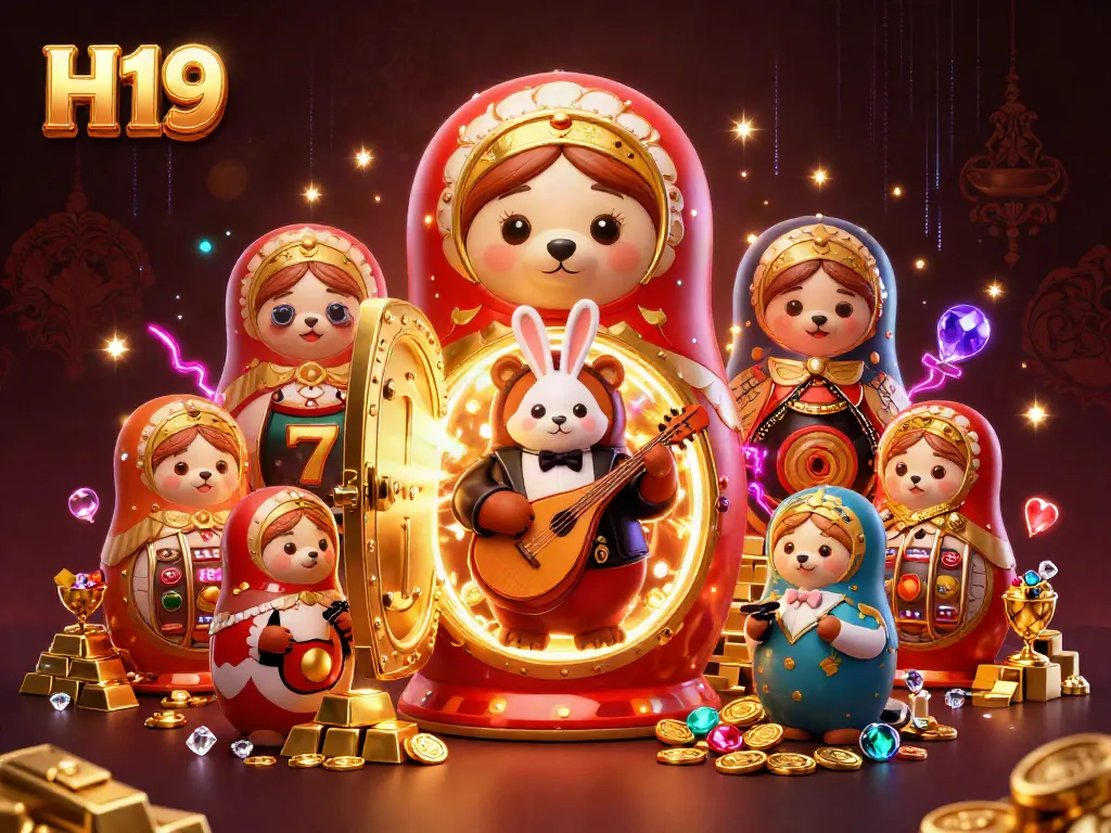 Engage with H19 as a vibrant casino adventure unfolds featuring lively cartoon bears and treasures.