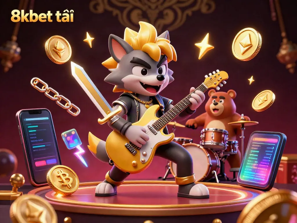 Experience thrilling entertainment with 8xbet tải featuring a dynamic rock star wolf and drummer bear on a lavish casino stage.