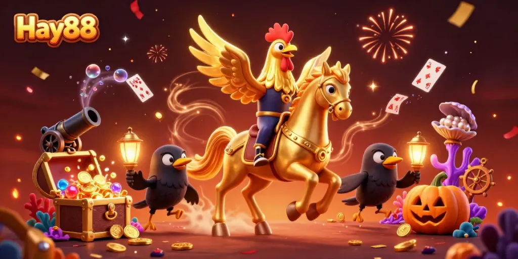 Experience the thrilling adventure at Hay88 with a golden rooster and glowing elements in a captivating casino.
