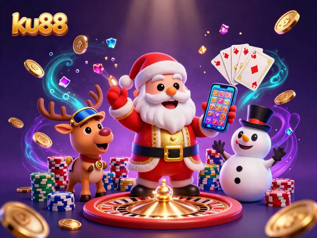 Win big at ku88 as Santa and friends celebrate jackpots in a vibrant casino scene.